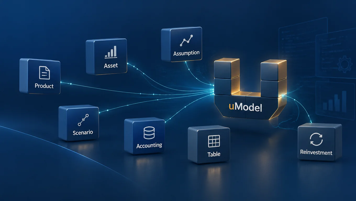 Product, asset, assumption, scenario, accounting, table and reinvestment blocks composing into uModel